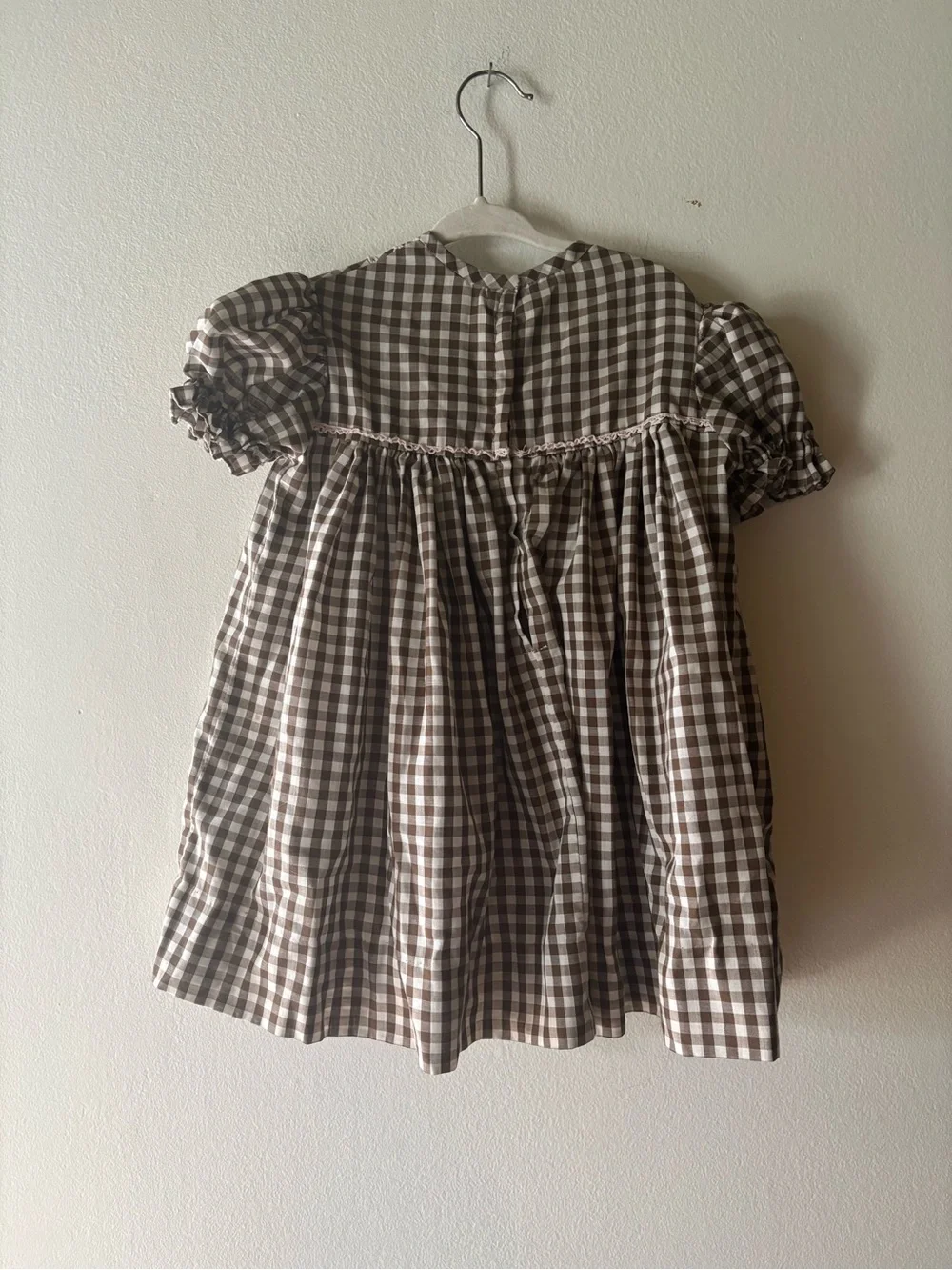 Genuine Vintage Handmade Brown and White Gingham Smocked Dress with Pockets